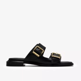 Womens Ariany Bay Black Leather Flat Sandals