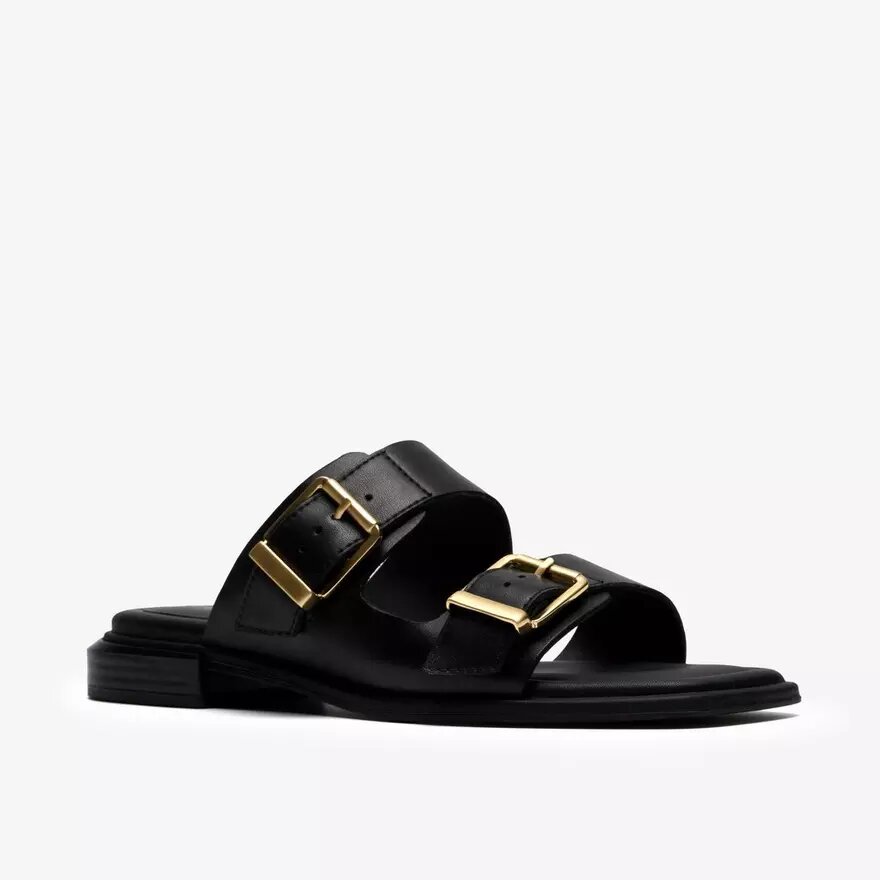 Womens Ariany Bay Black Leather Flat Sandals Womens Ariany Bay Black Leather Flat Sandals