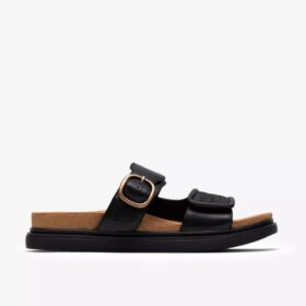 Womens Arwell Step Black Leather Flat Sandals