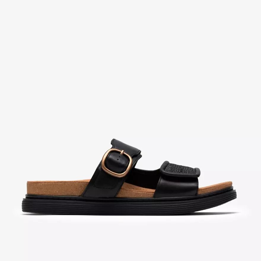 Womens Arwell Step Black Leather Flat Sandals Womens Arwell Step Black Leather Flat Sandals