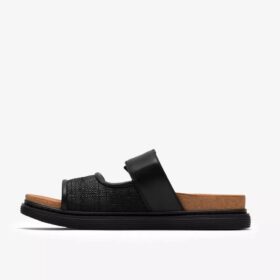 Womens Arwell Step Black Leather Flat Sandals