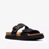 Womens Arwell Step Black Leather Flat Sandals Womens Arwell Step Black Leather Flat Sandals