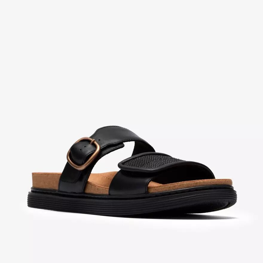 Womens Arwell Step Black Leather Flat Sandals Womens Arwell Step Black Leather Flat Sandals