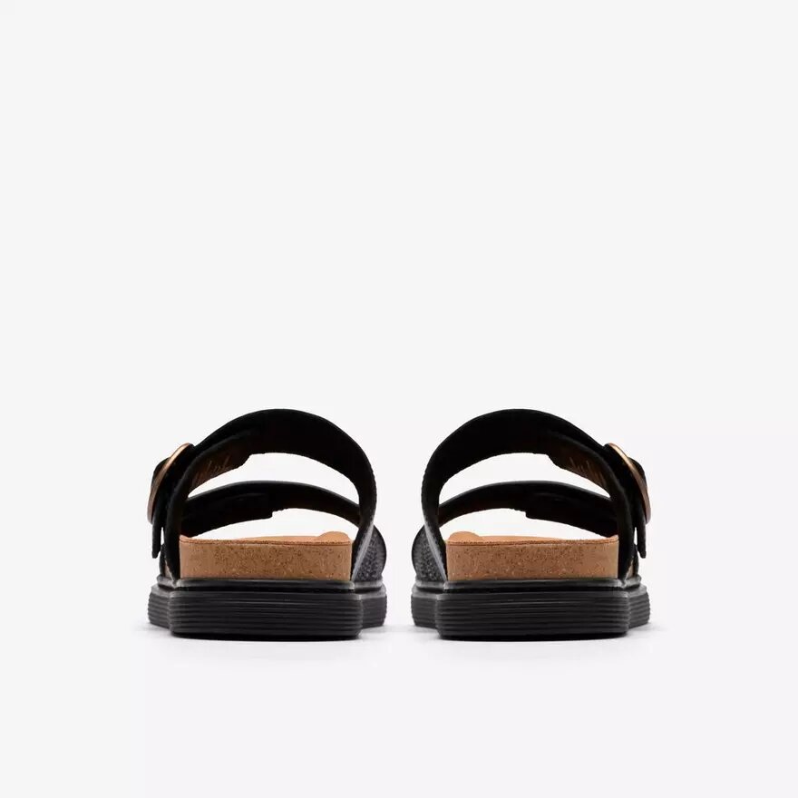 Womens Arwell Step Black Leather Flat Sandals Womens Arwell Step Black Leather Flat Sandals