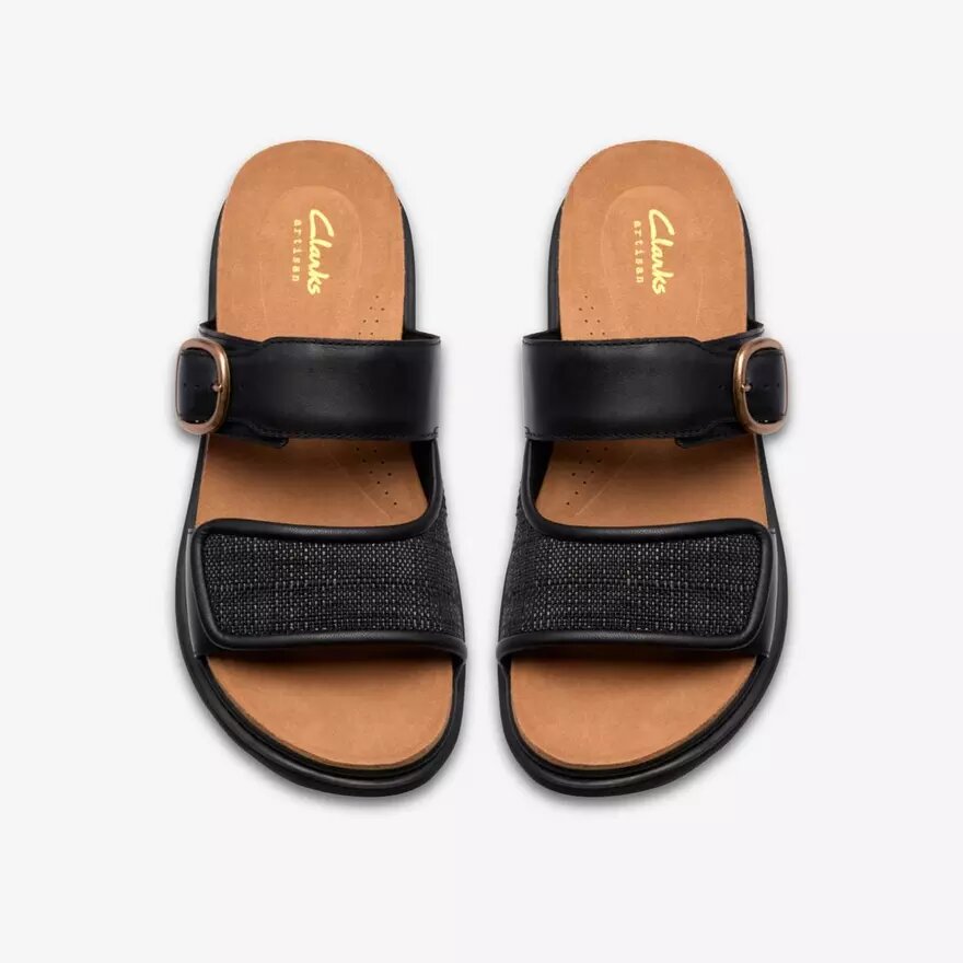 Womens Arwell Step Black Leather Flat Sandals Womens Arwell Step Black Leather Flat Sandals