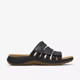 Womens Maelynn Abby Black Leather Flat Sandals